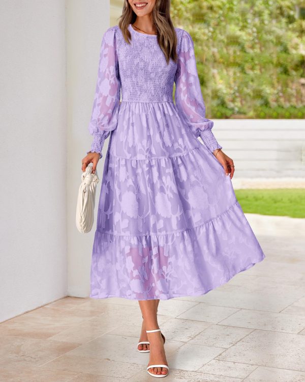 Casual Women's 2025 Spring Dresses Elegant Wedding Guest Dress Long Sleeve Floral Midi Dress Flowy Bohemian Long Dress