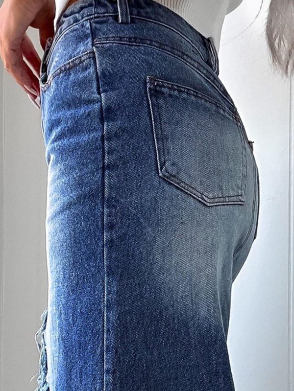 Womens' High Waist Midi Stylish Raw Hem Split Asymmetrical Wash Denim Skirt