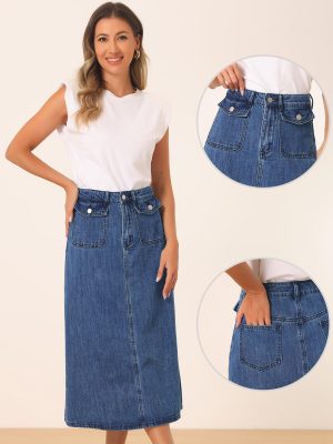 Long Jean Skirts for Women's High Waisted Flap Pocket A-Line Vintage Denim Maxi Skirt
