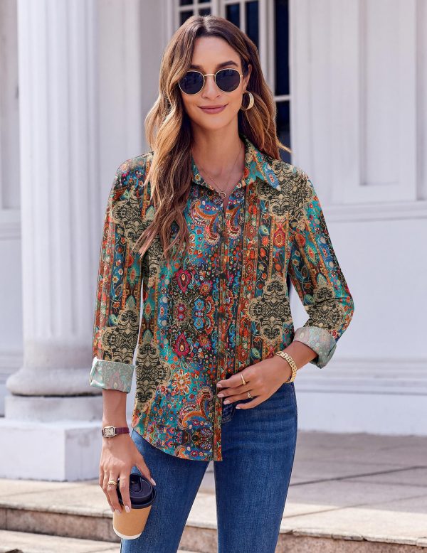 81z1NqDH9AL.jpg Button Down Shirts for Women Dressy Floral Printed Long Sleeve Blouse Business Casual Work Tops