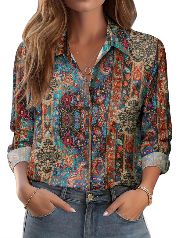 91CCP9UAlnL.jpg Button Down Shirts for Women Dressy Floral Printed Long Sleeve Blouse Business Casual Work Tops