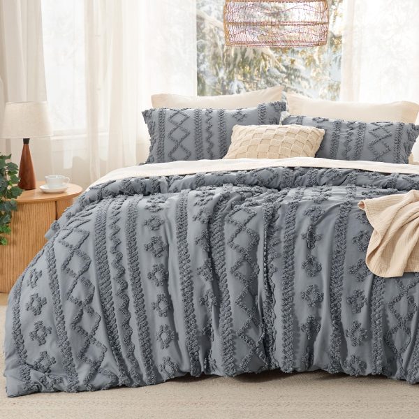 Tufted Boho Comforter Set King Size - Grey Boho Bed Set, GentleSoft™ 3 Pieces Farmhouse Shabby Chic Embroidery Bedding, Gifts