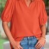 Womens Casual Summer Tops 2025 V Neck Short Puff Sleeve Pleated Cotton T Shirts Loose Dressy Blouses