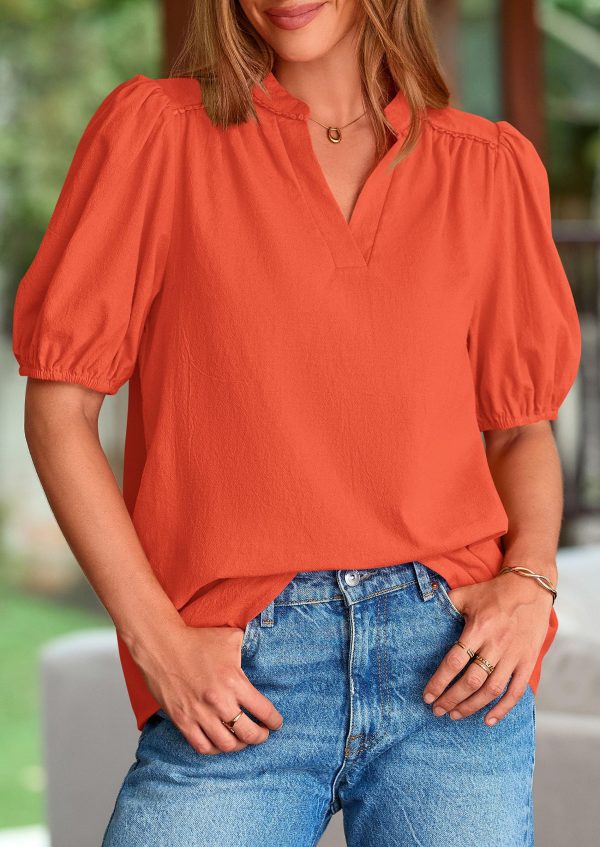 Womens Casual Summer Tops 2025 V Neck Short Puff Sleeve Pleated Cotton T Shirts Loose Dressy Blouses