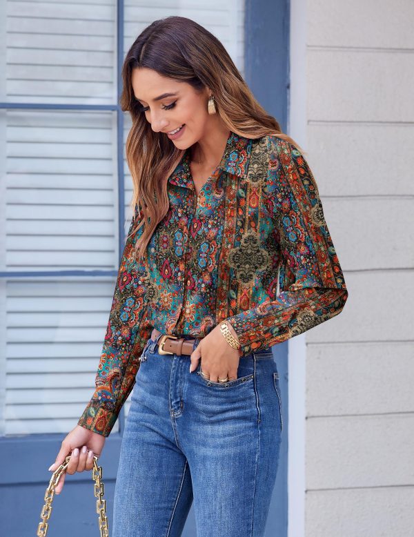91VvNvMPZIL.jpg Button Down Shirts for Women Dressy Floral Printed Long Sleeve Blouse Business Casual Work Tops