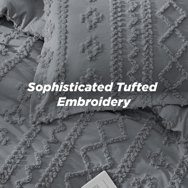 Tufted Boho Comforter Set King Size - Grey Boho Bed Set, GentleSoft™ 3 Pieces Farmhouse Shabby Chic Embroidery Bedding, Gifts