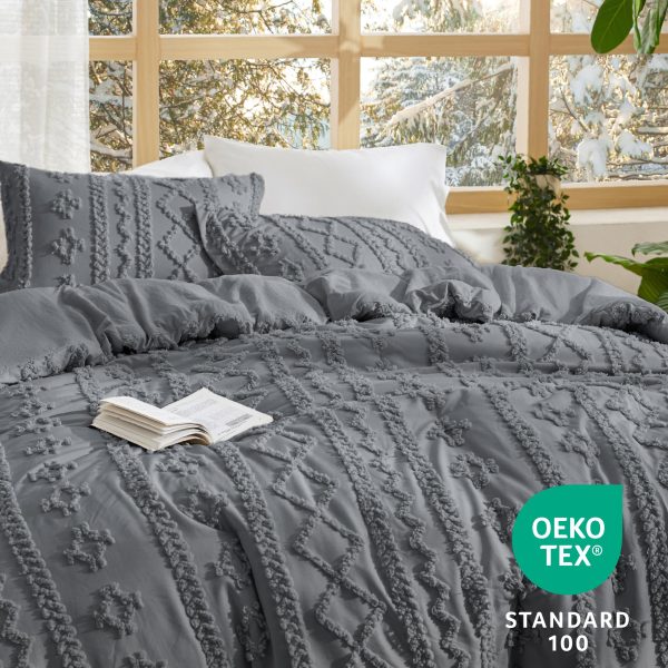 Tufted Boho Comforter Set King Size - Grey Boho Bed Set, GentleSoft™ 3 Pieces Farmhouse Shabby Chic Embroidery Bedding, Gifts