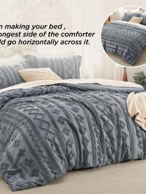 Tufted Boho Comforter Set King Size - Grey Boho Bed Set, GentleSoft™ 3 Pieces Farmhouse Shabby Chic Embroidery Bedding, Gifts