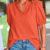 Womens Casual Summer Tops 2025 V Neck Short Puff Sleeve Pleated Cotton T Shirts Loose Dressy Blouses